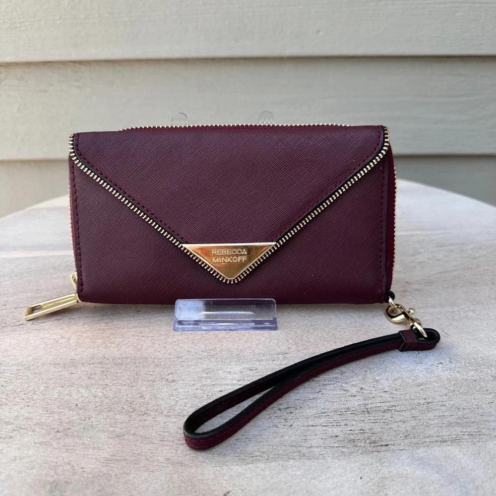 Rebecca Minkoff Molly Metro Zip Around Wristlet Wallet Port Wine Red Saffiano